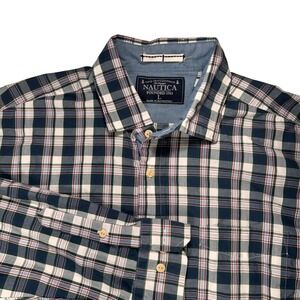 Nautica Mens Large Plaid Button‎ Down Shirt Long Sleeve Navy Green Cotton L